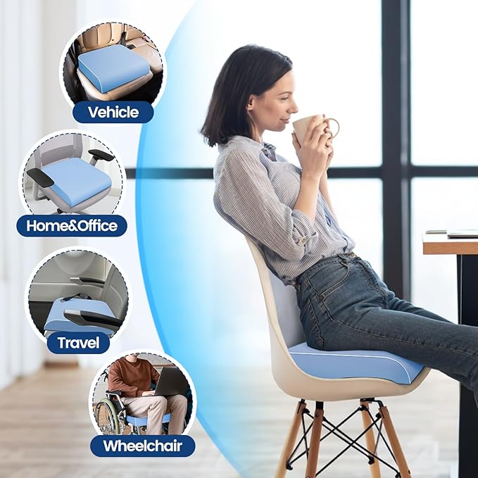 Seat Cushion for Tailbone Pain Relief, Office Chair Cushion, Memory Foam Large Chair Cushion with Non-Slip Cover for Soft Support at Office Chair, Car Seat, Airplane Light Blue/Large