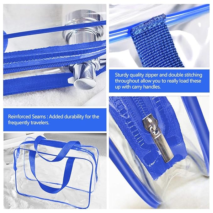 4Pcs Crystal Clear PVC Travel Toiletry Bag Kit for Women Men, Waterproof Vinyl Packing Organizer Storage Bags with Zipper Handle Straps, Cosmetic Pouch Carry on Airport Airline Compliant Bag Handbag