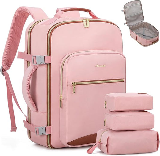 LOVEVOOK Travel Backpack for Women & Men 40L,Airline Approved Carry On Backpack Travel Essentials,TSA Carry on Luggage,Waterproof Personal Item Travel Bag,Suitcase with 3 Packing Cubes,Pink-Brown