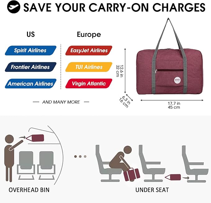 WANDF For Spirit Airlines Personal Item Bag 18x14x8 Travel Duffel Bag Underseat Foldable Carry-on Luggage for Women