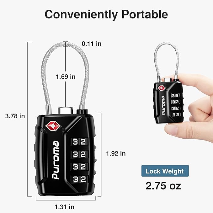 Puroma 4 Pack TSA Approved Luggage Locks, 4 Digit Combination Travel Cable Locks Resettable Code Lock with Zinc Alloy Body for Suitcase, Toolbox, Backpack, Bag, Gym Locker (Basic Black)