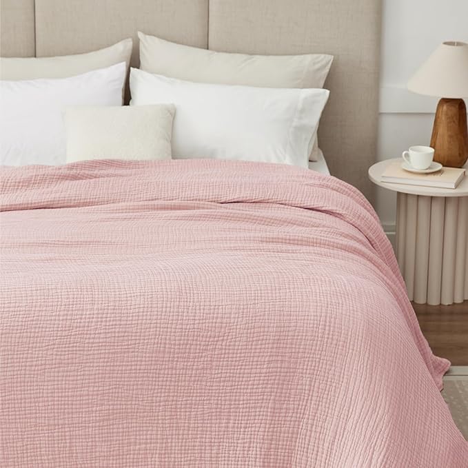 100% Cotton Muslin Blanket Queen 90" x 90", 6 Layers Breathable and Lightweight Cotton Throw Blankets for Bed, Soft Cooling Summer Gauze Blanket for Adults All Season, Dusty Rose‌