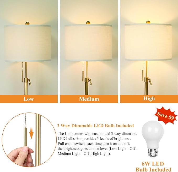 Qingmiao Gold Floor Lamps for Living Room, 55"-67" Height Adjustable Modern Tall Lamp, 3-Way Dimmable Standing Lamp for Bedroom Office Reading Corner Home Decor, New House Warming Gifts