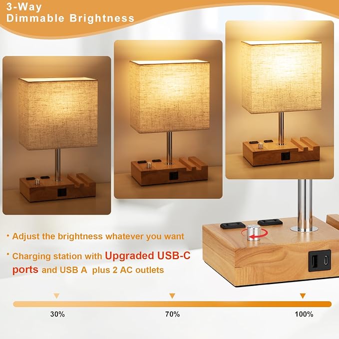 Wood Grain Table Lamp for Bedroom, Stepless Dimmable, USB C+A, 2 AC Outlets | Dimming By Rotary Knob, USB C+A Ports, 2 Phone Stands, LED Bulbs Included, Rectangle Beige Lampshade, for Living Room, Desk