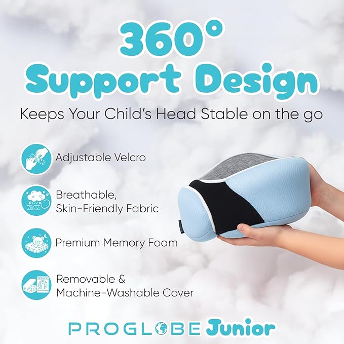 Proglobe Junior Kids Travel Neck Pillow - Ergonomic Memory Foam Pillow for Airplane, Car, Booster Seat - Soft, Washable, Compact Travel Pillow with Strap - Light Blue - Ages 4 Years and Up