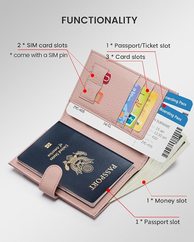 Karmiir RFID Passport Holder Travel Wallet for Women, Leather Passport Cover Wallet with Card Holders SIM Slots,Zippered Coins Pocket and Cash Slot Slim Compact Travel Wallet (Pink)