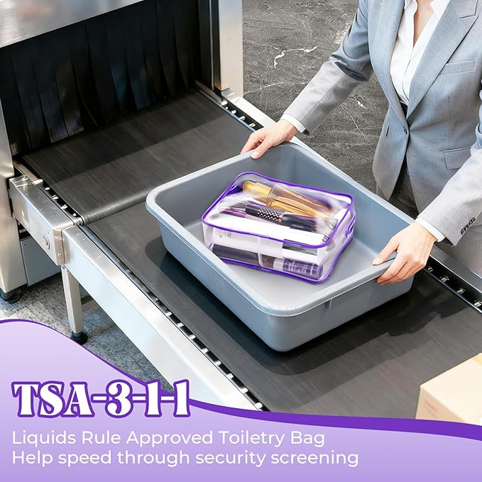 6 Pieces Clear Makeup Bags Bulk TSA Approved Toiletry Bag for Travel PVC Waterproof Clear Cosmetic Pouch with Zipper for Men and Women Carry-on Travel Essentials (Purple)