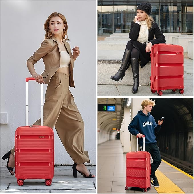 Kono Luggage Sets 3 Piece Hard Shell Travel Trolley 4 Spinner Wheels Lightweight Polypropylene Suitcase with TSA Lock (Red, 20/24/28 Set)