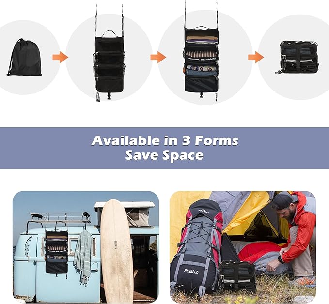 Surblue Travel Hanging Luggage Organizer Portable Suitcase Closet Organizer Multiple Compartments Collapsible Compression Packing Cubes Shelf, Black, S