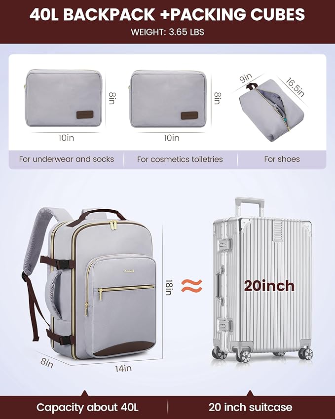 LOVEVOOK 40L Travel Backpack for Women Men,Waterproof Airline Approved Carry On Luggage Travel Essentials,TSA Carry On Backpack Personal Item Travel Bag Suitcase Weekender Traveling with Packing Cubes