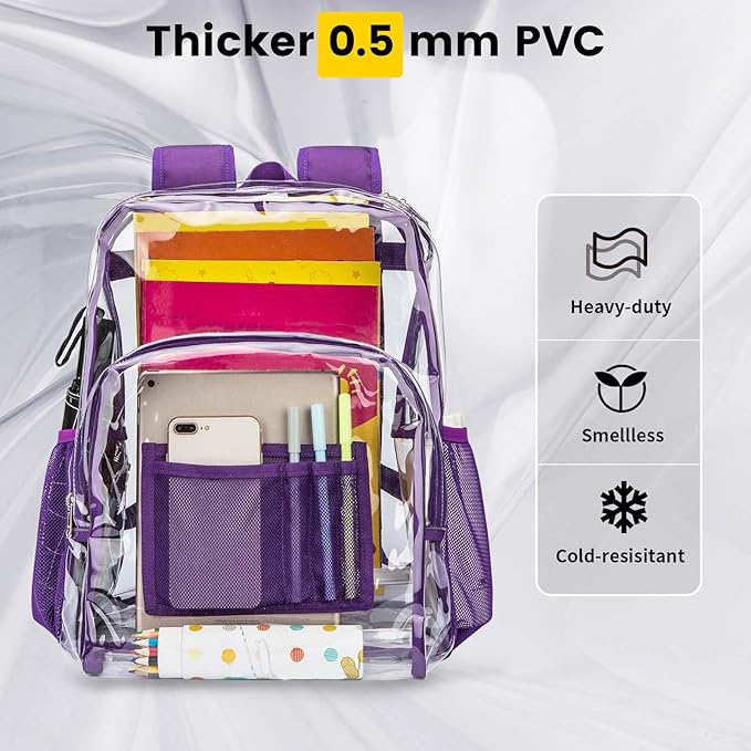 Vorspack Clear Backpack Heavy Duty PVC Transparent Backpack with Reinforced Strap Stitches & Large Capacity for College Workplace Security - Purple