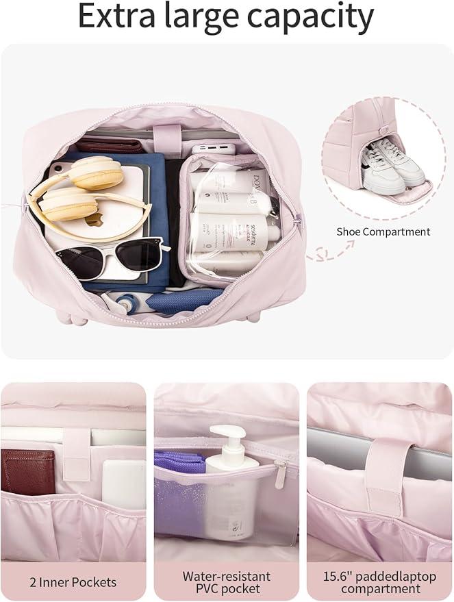 Gitus Carry On Duffle Gym Bag for Women Puffer Weekender Overnight Duffel Bag for Travel with Clear Toiletry Pouch Sport Yoga Fitness Essentials Gifts (Lightpink)