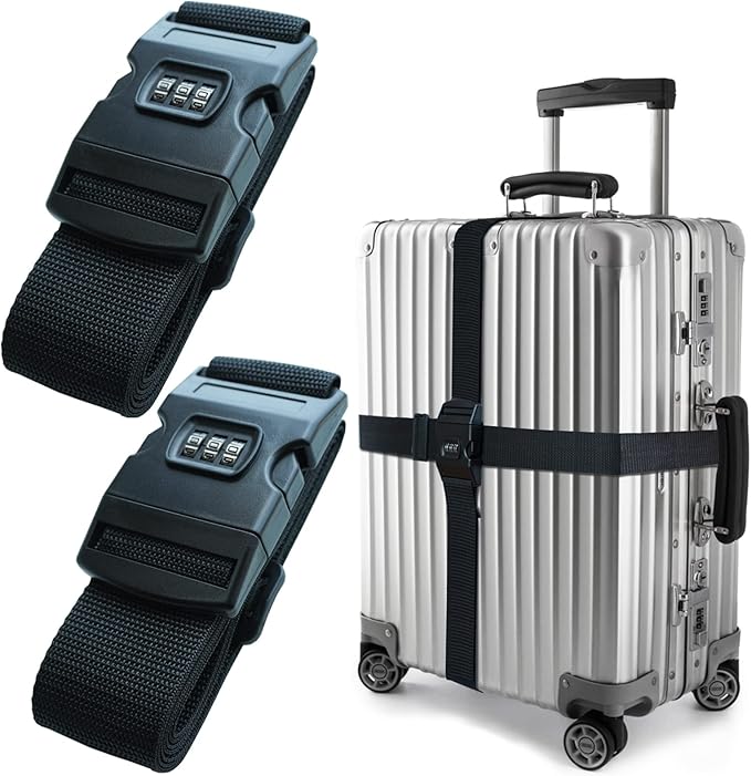 2 PCS Luggage Strap 78" x 2" Suitcase Belts Wide Adjustable Packing Straps Travel Accessories, Black&Combination Lock
