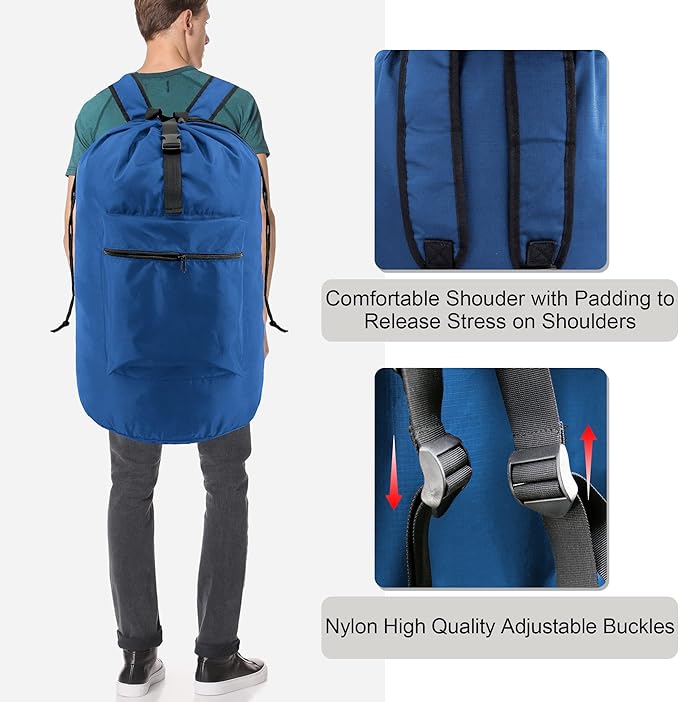 BeeGreen Laundry-Bag-Backpack-Heavy-Duty, Royal Blue Nylon Drawstring Portable Laundry Backpack Tall Foldable Extra Large Dirty Clothes Travel Bag with Handle College Dorm Apartment Essentials