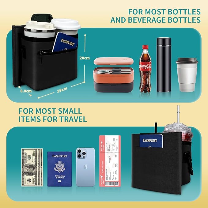 Travel Luggage Cup Holder, Liveagain Drink Caddy, Luggage Cup Holder Attachment, Free Hand Suitcase Drink Carrier for Drinks Beverages, Coffee, Bottles, Snack (Black)