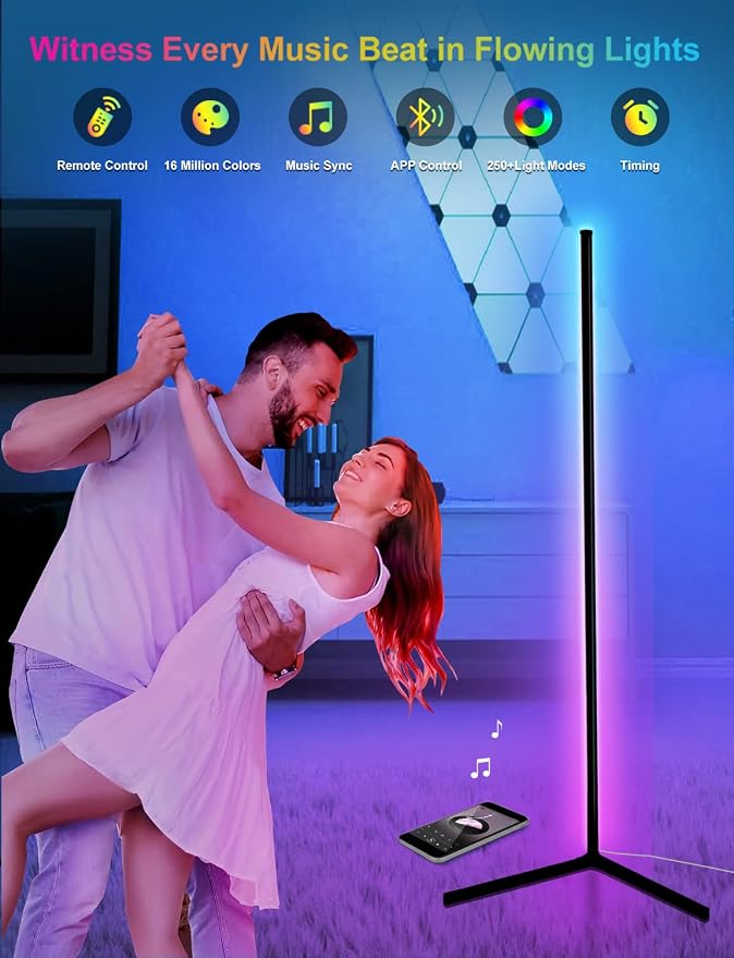 LanSuper Smart Corner Floor Lamp, 65" RGBW Color Changing LED Floor Lamp | Music Sync, Remote & App Control, DIY Mode & Timing, Eye Protection Floor lamp for Living Room Gaming Room