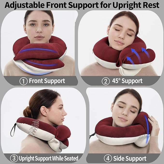 BUYUE Travel Neck Pillows for Airplanes, 360° Head Support Sleep for Long Flight, Skin-Friendly & Breathable, Kit with 3D Contoured Eye Mask, Earplugs and Storage Bag (Adult, Red, 90+ lbs)