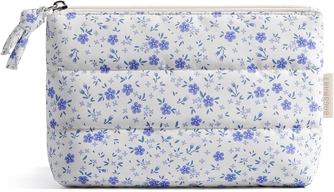 BAGSMART Small Makeup Bag, Puffy Portable Cosmetic Pouch with Charm Zipper, Water-Resistant Travel Organizer for Women (Blue Ditsy Floral Print, Small)