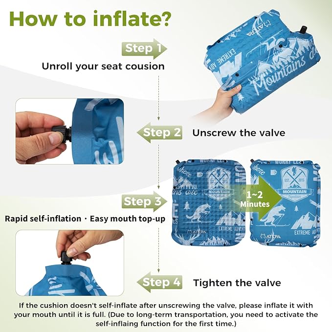ATEPA Inflatable Seat Cushion, Self-Inflating Portable Stadium Airplane Travel Foam Cushion Pad for Camping, Sports Events, Outdoor