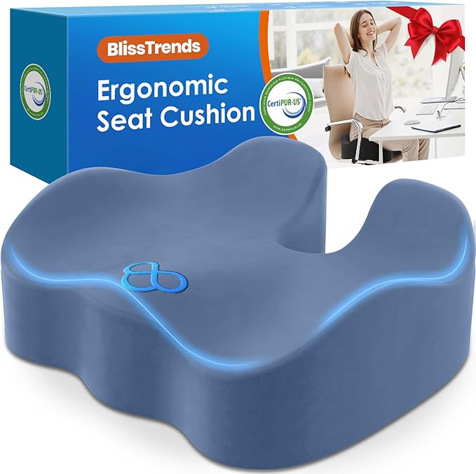 BlissTrends Seat Cushion,5.2in Thick Memory Foam Cushions for Office Chair, Car Seat, Airplane, Relieving Pressure Tailbone Sciatica Back Pain for Long Sitting Office Workers, Car Drivers LightBlue