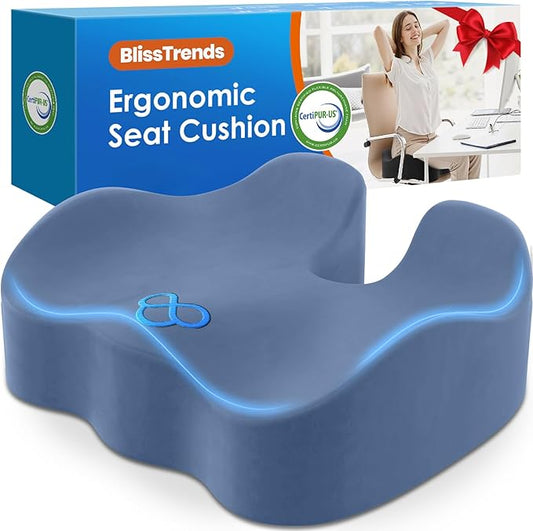 BlissTrends Seat Cushion,5.2in Thick Memory Foam Cushions for Office Chair, Car Seat, Airplane, Relieving Pressure Tailbone Sciatica Back Pain for Long Sitting Office Workers, Car Drivers LightBlue