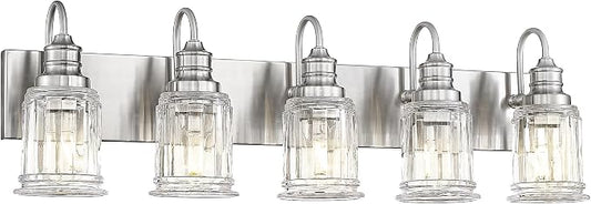 Bathroom Light Fixtures, HWH 5-Light Vanity Light, Modern Brushed Nickel Wall Lighting Over Mirror, Bell-Shaped Striped Glass, 5HZG106B-5W BN