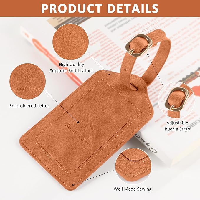 1 Pack Luggage Tag, PU Leather Suitcase Tags Identifiers Privacy Cover ID Label for Travel Bag Suitcase with 2 Pack Luggage Straps for Hats, Bags and Travel Accessories(L-Brown)