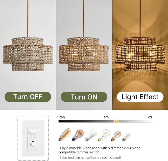 17.7” Boho Rattan Chandelier Light Fixture 4-Light Hand Woven Rustic Chandeliers with Wicker Shade, Farmhouse Chandelier Hanging Light for Dining Room Kitchen Island, Living Room, Foyer