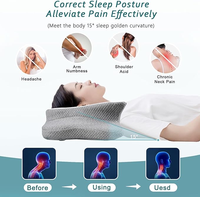 Cervical Neck Pillow for Pain Relief Sleeping, Memory Foam Pillows, Ergonomic Side Sleeper Pillows, Cooling Orthopedic Neck Support Pillow for Back Stomach Sleepers-Queen Size White&Grey