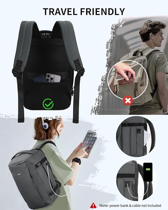 ECOHUB 40L Carry-On Travel Backpack, TSA-Friendly, Anti-Theft Water-Resistant Lightweight with 17.3″ Laptop Compartment, Durable PFAS-Free Rucksack, Grey