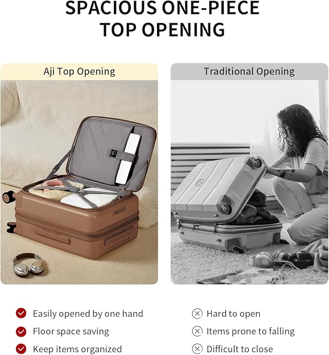 aji Expandable Top Opening Carry On Luggage Airline Approved, 20 Inch Lightweight Hardside Carry On Suitcase with Spinner Wheels, Travel Luggage with Laptop Compartment for Women Men, Chocolate Brown