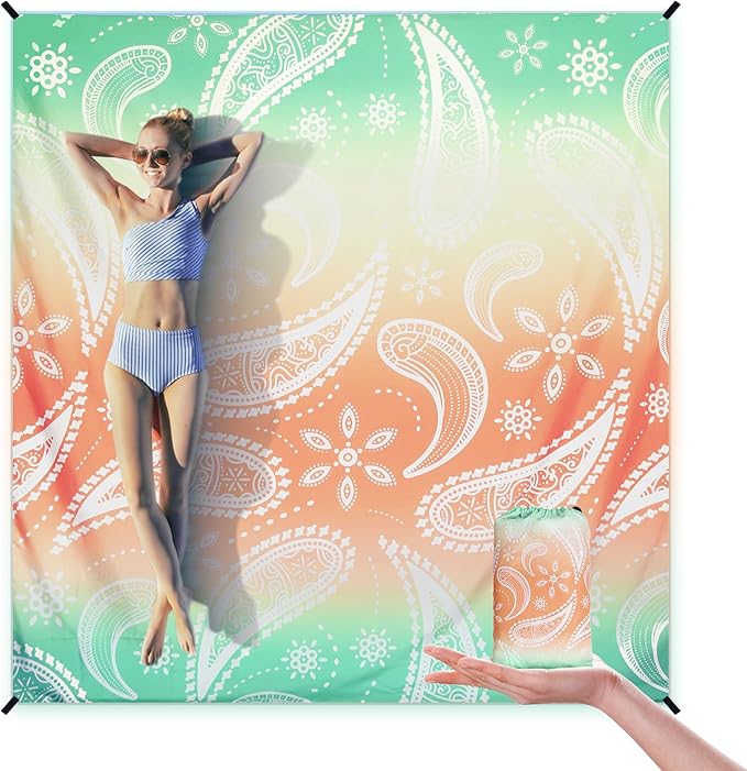 Beach Blanket Sandproof Extra Large Beach Mat Adults Waterproof Quick Drying Sand Free Mat Made by Premium Polyester with 4 Stakes & 4 Corner Pockets for Outdoor Travel Camping Hiking