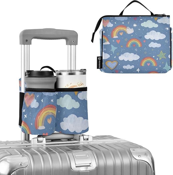 Blue Rainbow Hearts Clouds Stars Luggage Cup Holder Travel Portable Free Hand Drink Carrier Suitcase Drinks Beverage Holder Carry-On Bottle Mug Holder Organizer Bag Travelers Accessories