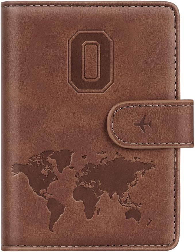Passport Holder Wallet Cover Personalized Letter A-Z Travel Wallet RFID Blocking Passport Cover Wallet Case for Travel Passport Book Holders for Women and Men, Brown-O