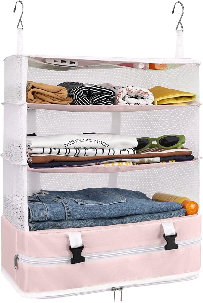 Surblue Hanging Closet Storage Bag Collapsible 3-Shelf Washable Oxford Fabric with 2 Hooks (XL 17.71*11.81*20in, Pink)
