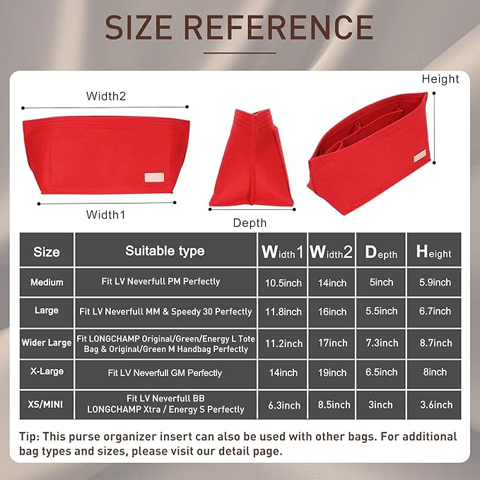 Doxo Purse Organizer Insert, Felt Bag Insert Tote Shaper Fit LV Neverfull PM & Base Shaper 2pc Set with Zipper Pocket and Bottle Holder (Medium-Red-Combination)