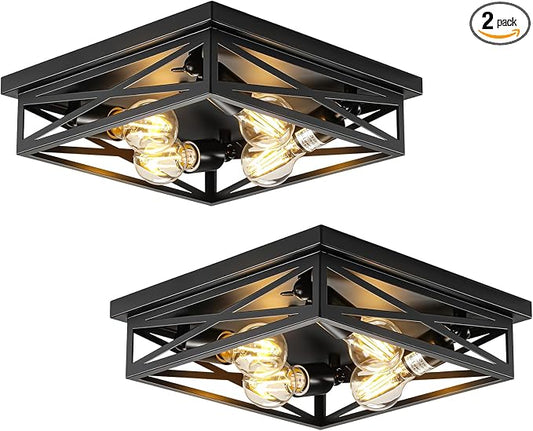 2 Pack Flush Mount Ceiling Light Fixture, Black Hallway Light, Metal Cage Closed to Ceiling Mounted Lights, 4-light Farmhouse Flush Mount Light Fixture for Bedroom Hallway Entryway E26 Base 13in
