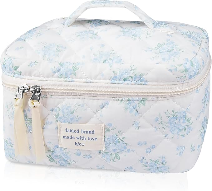 Large Travel Quilted Makeup Bag for Women,Big Floral Cotton Cosmetic Bag, Cute Coquette Aesthetic Floral Toiletry Organizer Bag (Blue Rose)