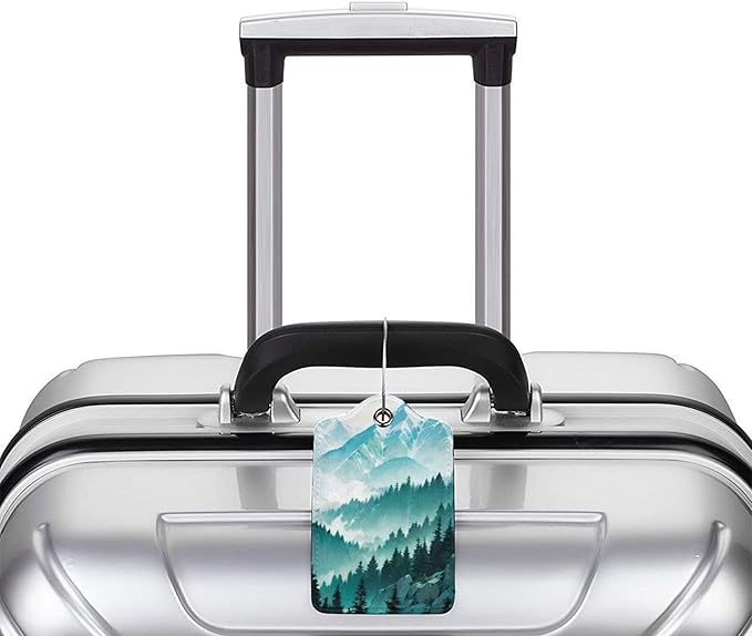 2 Pack Luggage Tags Travel Green Mountains Peaks Spectacular PU Cute Leather Luggage Tag Name ID Labels with Privacy Cover Suitcases Women Men Girls Boys Fun Laggage Tags(Mountain top)