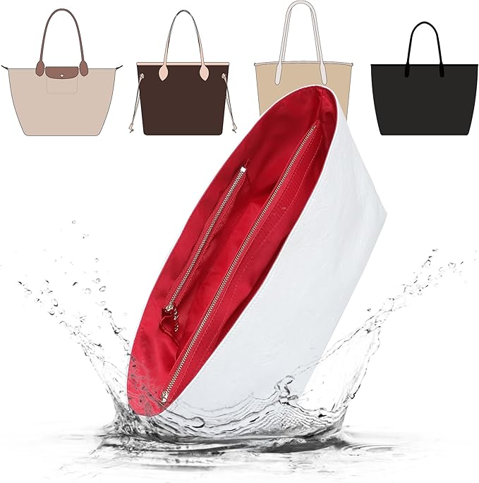 Doxo Purse Organizer Insert,Tote Bag Insert for LV Neverfull MM,Longchamp Le-pliage L and More,Ultra Lightweight Bag Organizer Insert with Zipper(Large,White-red)