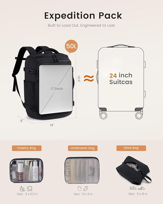 LOVEVOOK Travel Backpack for Women & Men, 50L Large Carry On or Checked Luggage, Waterproof Hiking Backpack with 3 Packing Cubes for 5+ Day Trips, Camping & Backpacking Essentials, Black