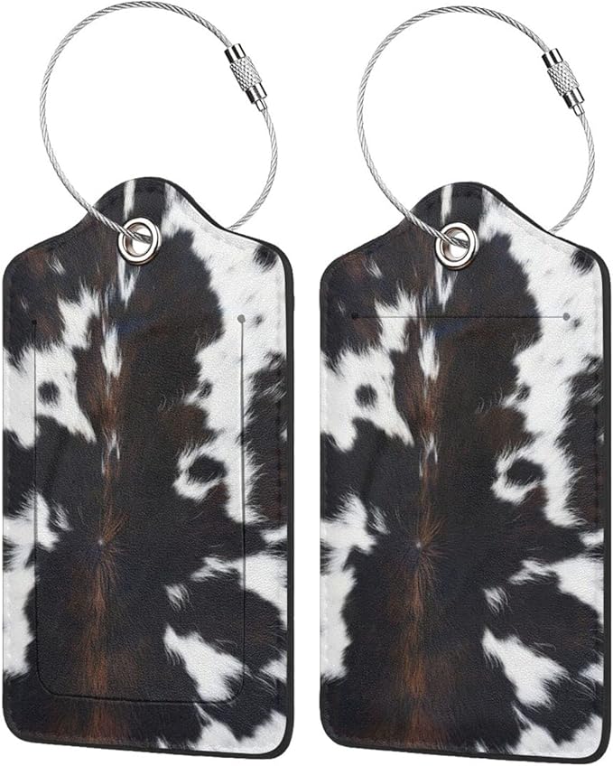 Cow Print Luggage Tags Set of 2 Leather Stainless Steel Loop Label Tag for Travel Bag Suitcase