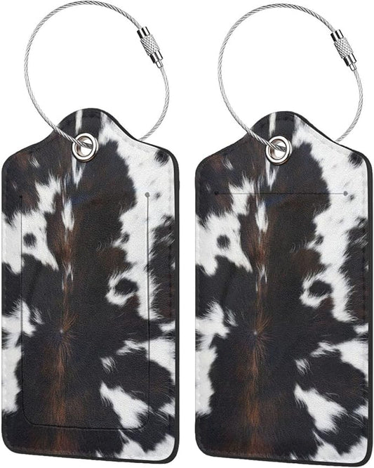 Cow Print Luggage Tags Set of 2 Leather Stainless Steel Loop Label Tag for Travel Bag Suitcase