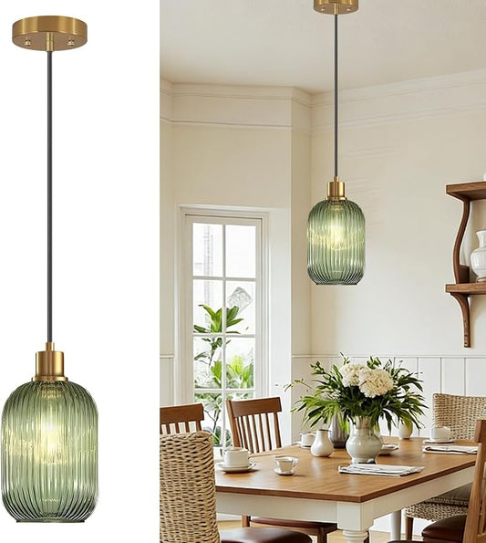 1 Pack Pendant Lights with Vintage Green Ribbed Glass Lampshade, Adjustable Brushed Gold Pendant Lights Fixtures for Kitchen Island Lighting Sink, Dining & Living Room Hallway (Bulbs Not Included)