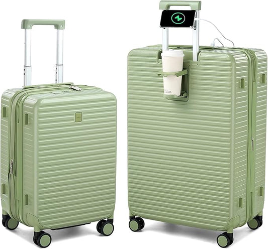 HanTrip Hard Shell Suitcases Expandable Travel Luggage Sets 2 Piece, Carry on and Check in Luggage Lightweight Suitcase Set 2 Piece with Wheels Cup Holder Charger Built in (Bamboo Green, 20/28)