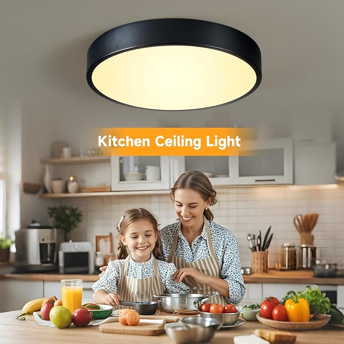 Flush Mount Ceiling Light Fixtures Black LED Dimmable 5CCT 12In 24W 3Pack | 2700K, 3000K, 3500K, 4000K, 5000K, Iron Construction, IP40, For Bathroom, Bedroom, Kitchen, Entryway, Closet & Hallway, ETL
