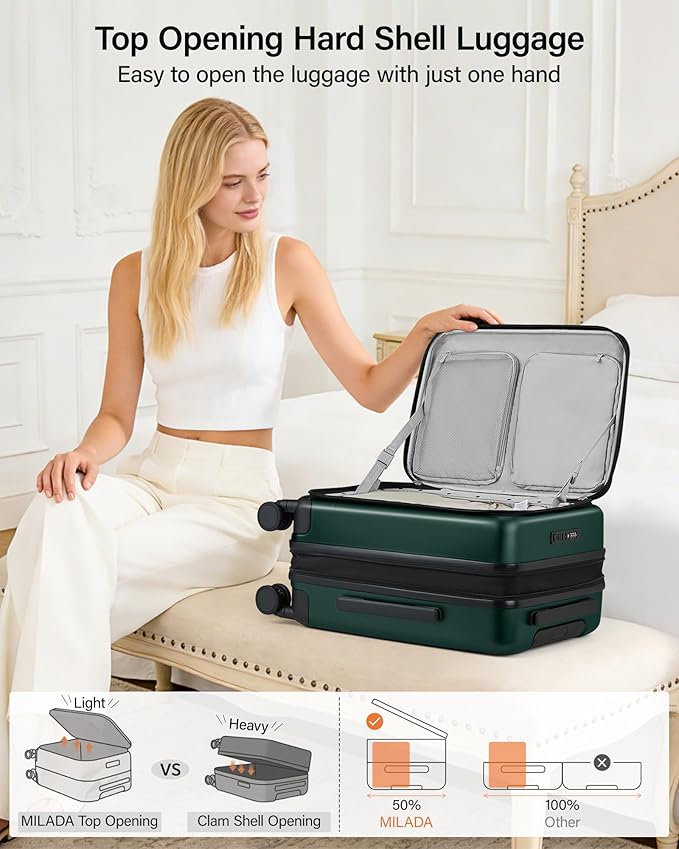 MILADA 20-Inch Expandable Carry On Luggage, Hard Shell Top-Opening Luggage with Wheels, TSA-Approved Small Travel Bag for Men and Women Carry-On Suitcase, Blackish Green