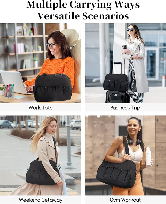 Carry On Duffle Bag with 15.6 Inch Laptop Compartment, Gym Bag for Women with Wet Pocket, Shoe Bag and Toiletry Pouch, Personal Item Travel Duffel Weekender Overnight Bags, Black