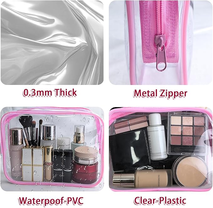 6 Pieces Clear Makeup Bags Bulk, TSA Approved Toiletry Bag PVC Cosmetic Toiletries Pouch with Zipper, Waterproof Vinyl Plastic Organizer Case for for Women Carry-on Travel Essentials (Pink)