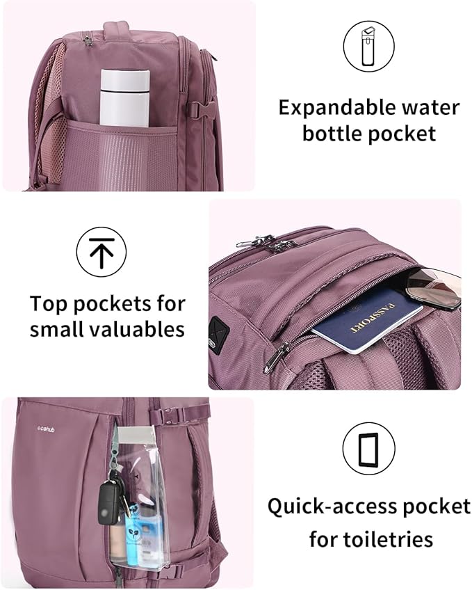 ECOHUB 17'' Travel Backpack, Personal Item Backpack with 13 Pockets, Flight Approved Carry on Backpack with USB Port & Luggage Sleeve, Travel bag for Women, Water Resistant Backpack, Pink